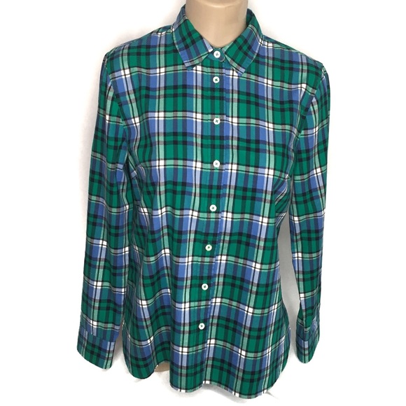 Talbots Tops - TALBOTS Button Down Shirt Cotton Long Sleeve Plaid Blue White Green Size MP